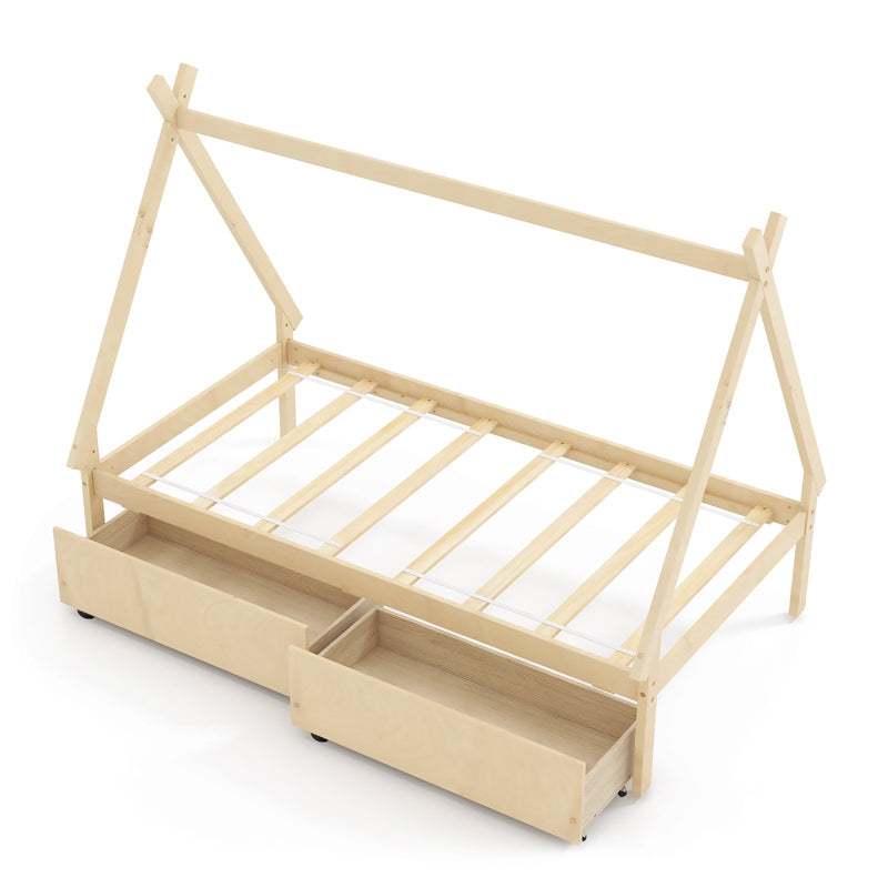Twin Size Wooden Tent Platform House Bed with 2 Drawers-Natural