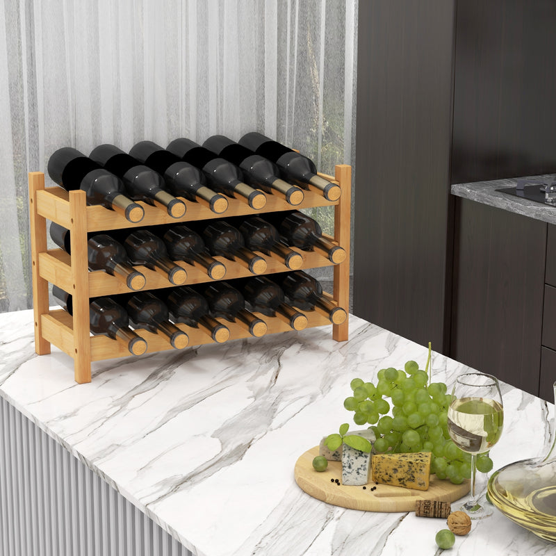 3-Tier Bamboo Freestanding Countertop Wine Bottle Organizer-Natural