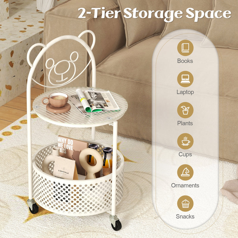 Modern Sofa Side Table on Lockable Wheels for Living Room Bedroom Study-White