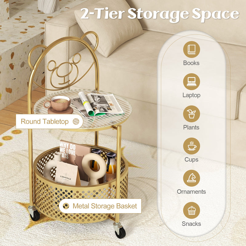 Modern Sofa Side Table on Lockable Wheels for Living Room Bedroom Study-Gold