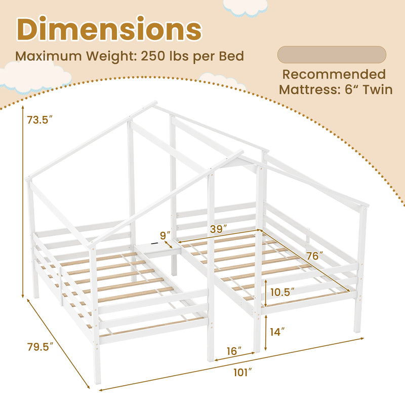 Double Twin Size Wooden Bed Frames with Built-in Table for Kids-White