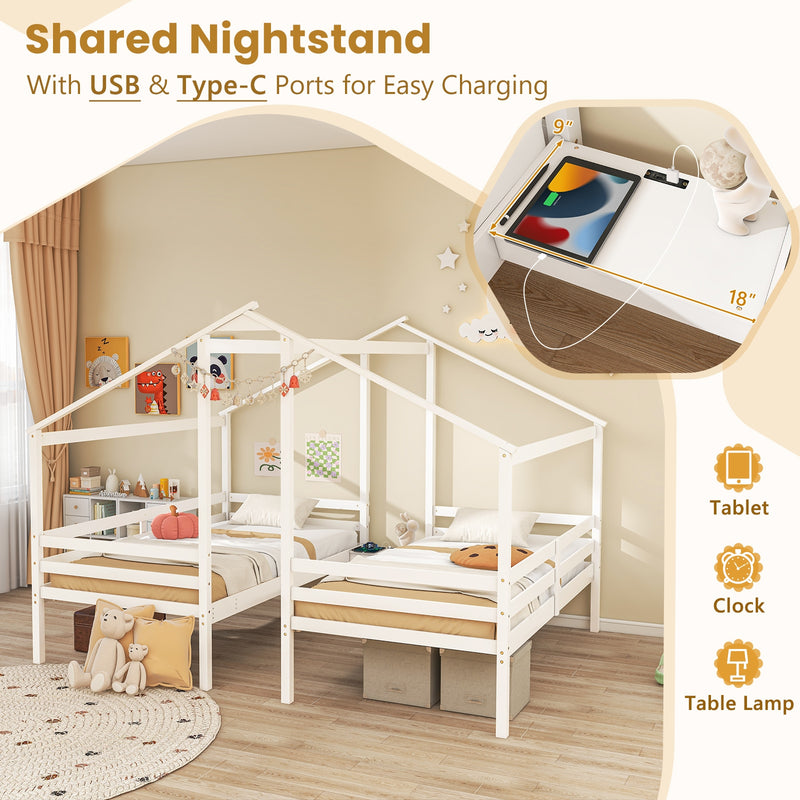 Double Twin Size Wooden Bed Frames with Built-in Table for Kids-White
