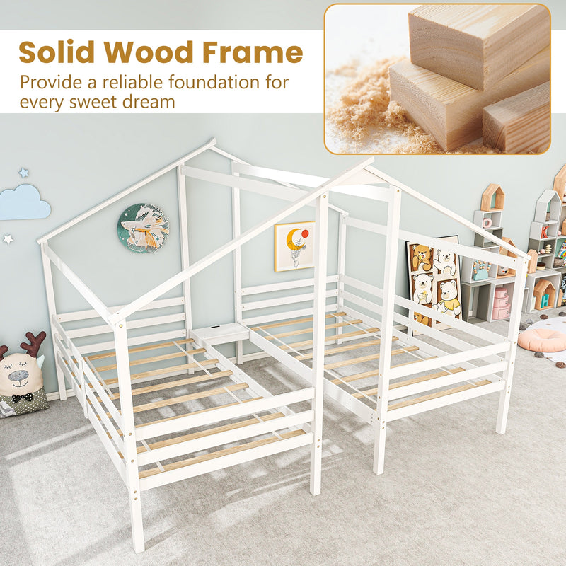 Double Twin Size Wooden Bed Frames with Built-in Table for Kids-White