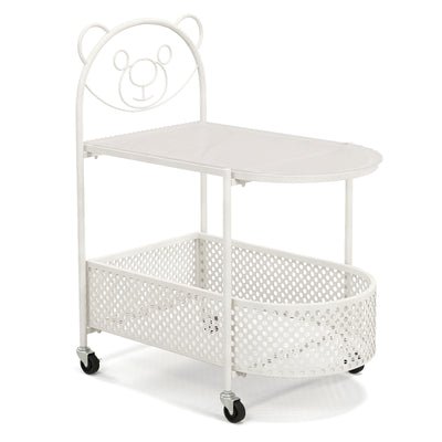 2-Tier Mobile Glass Coffee Table with Bear Pattern-White