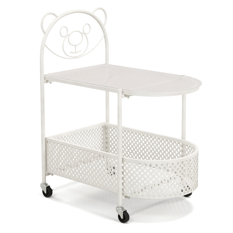 2-Tier Mobile Glass Coffee Table with Bear Pattern-White