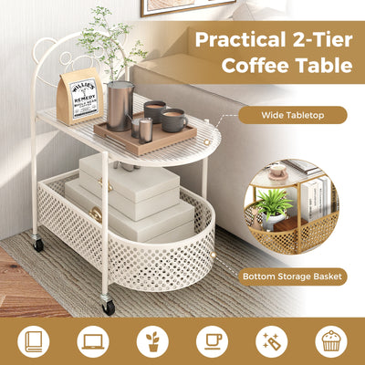 2-Tier Mobile Glass Coffee Table with Bear Pattern-White