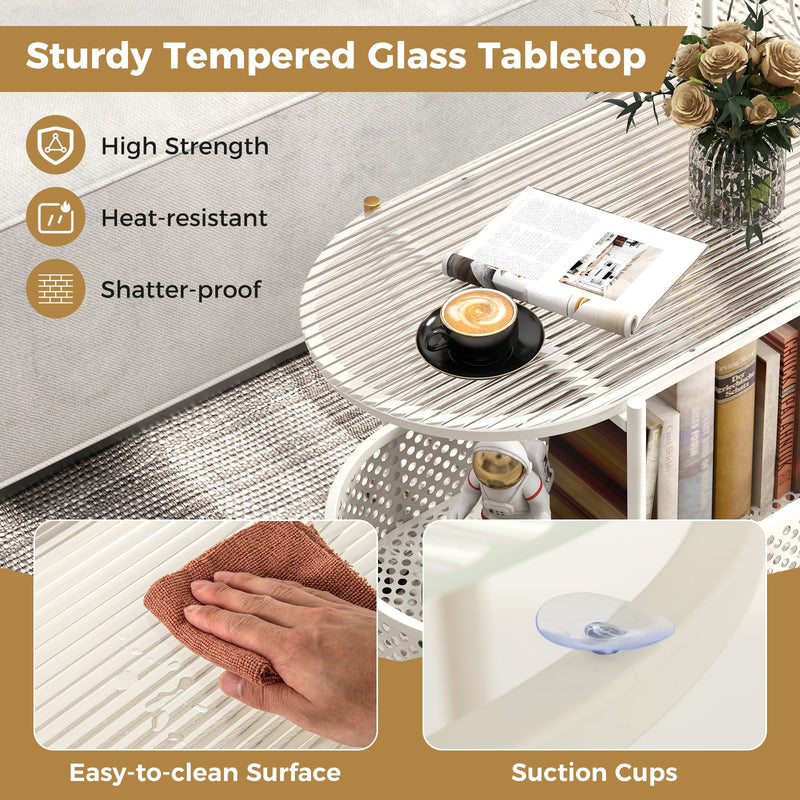 2-Tier Mobile Glass Coffee Table with Bear Pattern-White
