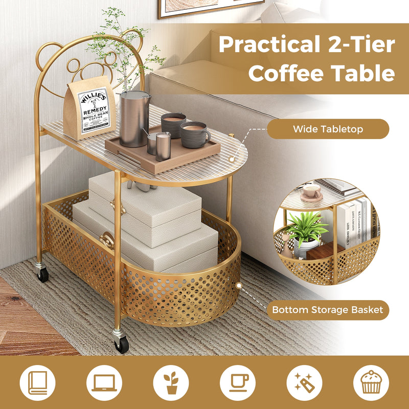 2-Tier Mobile Glass Coffee Table with Bear Pattern-Golden