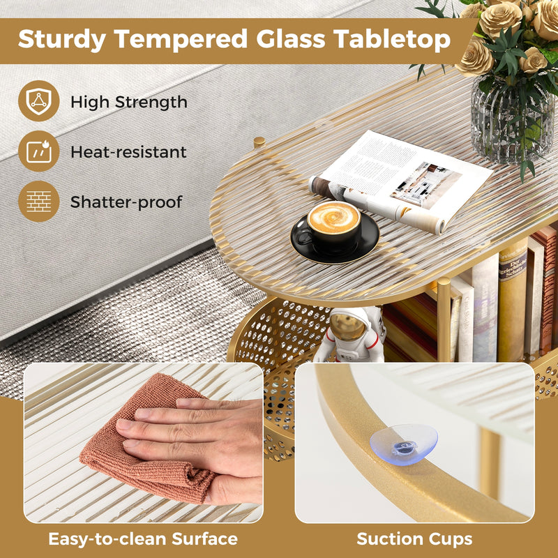 2-Tier Mobile Glass Coffee Table with Bear Pattern-Golden