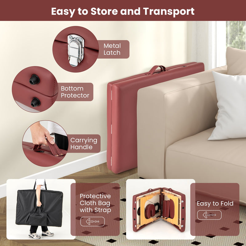 84 Inch Foldable Massage Table with Carrying Bag and Height Adjustable-Red