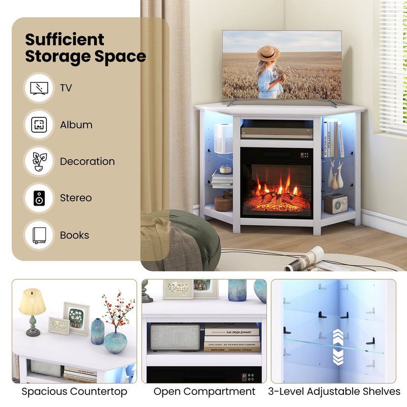Fireplace Corner TV Stand with LED Lights and Smart APP Control for 50 Inches TV-White