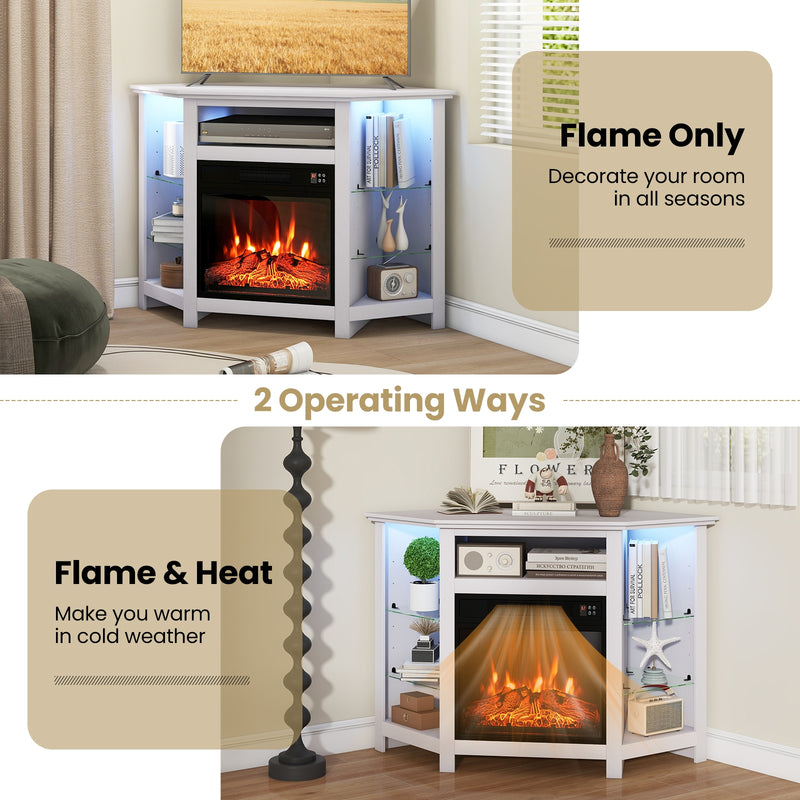 Fireplace Corner TV Stand with LED Lights and Smart APP Control for 50 Inches TV-White