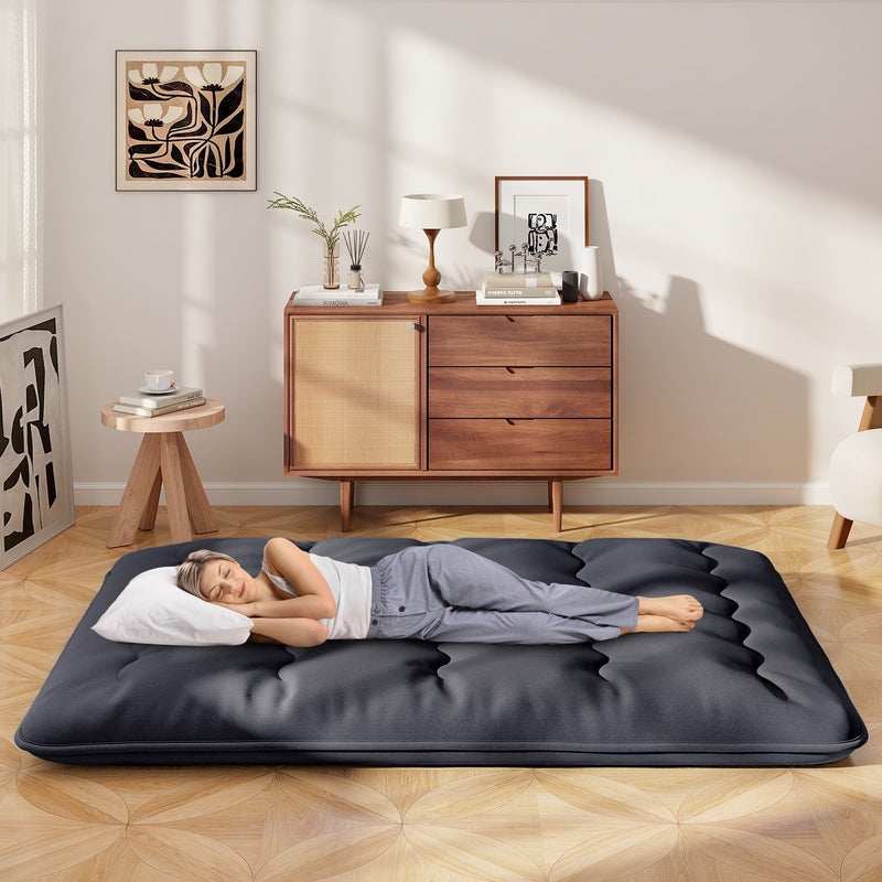 *Futon Mattress with Washable Cover and Foldable Mat - Black - Queen Size