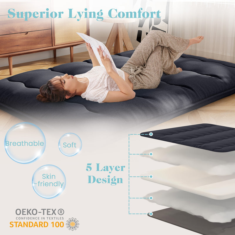 *Futon Mattress with Washable Cover and Foldable Mat - Black - Queen Size