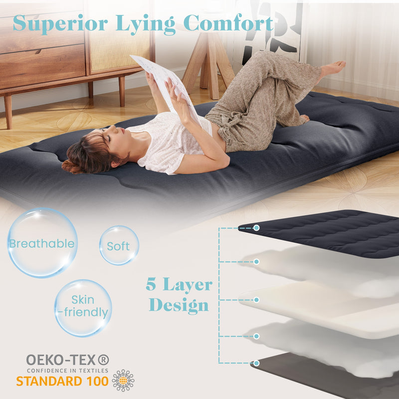 *Futon Mattress with Washable Cover and Foldable Mat - Black - Twin Size