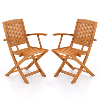 Patio Wood Folding Chair Set of 2 with Armrests and Slatted Seat