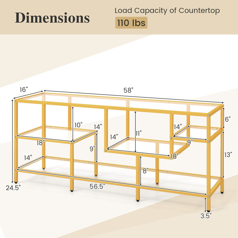 58 Inch TV Console Table with Tempered Glass Shelves for Living Room-Gold