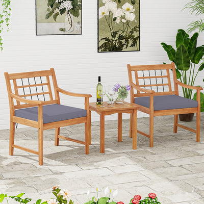 3 Piece Wood Patio Furniture Set with Seat Cushions and Acacia Wood Frame-Gray