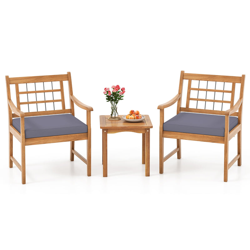 3 Piece Wood Patio Furniture Set with Seat Cushions and Acacia Wood Frame-Gray