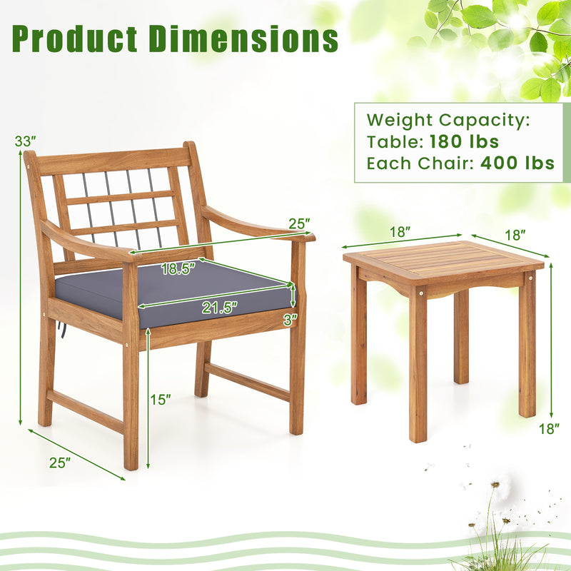 3 Piece Wood Patio Furniture Set with Seat Cushions and Acacia Wood Frame-Gray