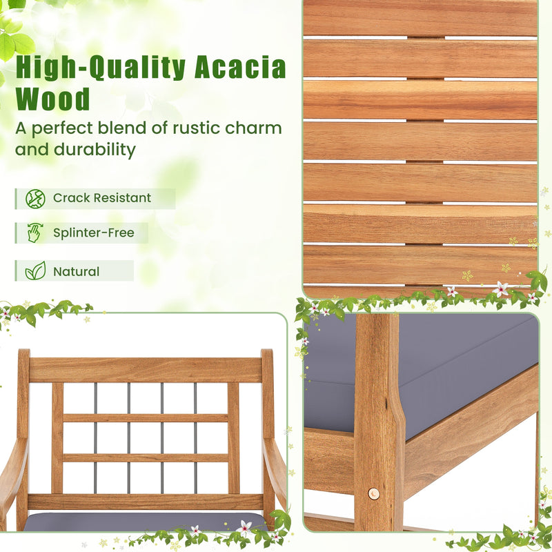 3 Piece Wood Patio Furniture Set with Seat Cushions and Acacia Wood Frame-Gray