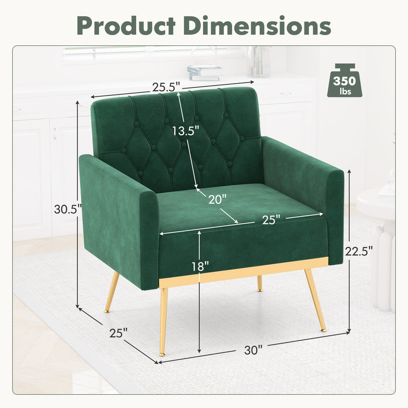 Modern Velvet Accent Chair with Button Tufted Back Golden Metal Legs and Adjustable Foot Pads-Turquoise