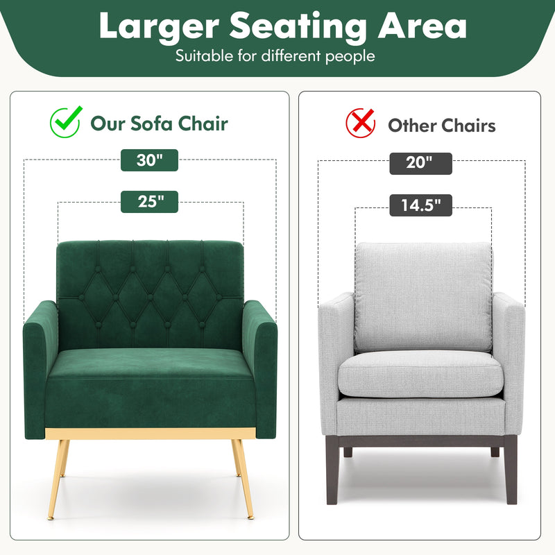 Modern Velvet Accent Chair with Button Tufted Back Golden Metal Legs and Adjustable Foot Pads-Turquoise