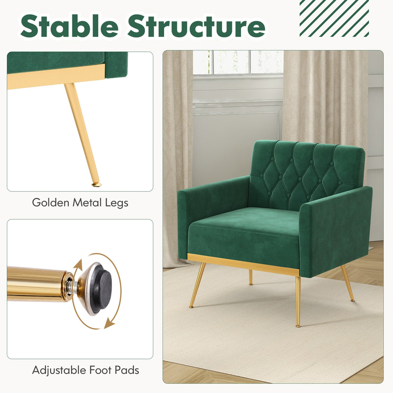 Modern Velvet Accent Chair with Button Tufted Back Golden Metal Legs and Adjustable Foot Pads-Turquoise