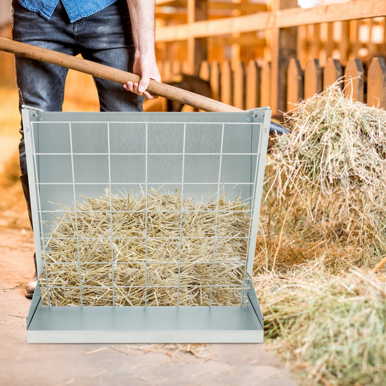 2-in-1 Wall-Mounted Hay Rack Hay and Grain Feeder with Adjustable Hook