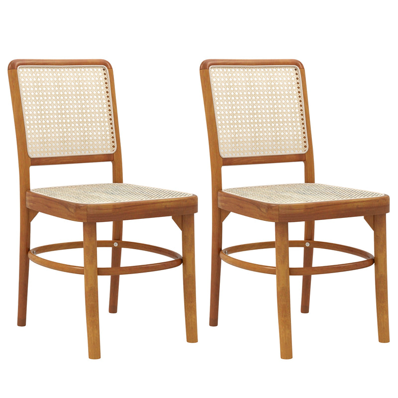 *Set of 2 Boho Dining Chairs Rattan with Teak Wood Structure and Footrests