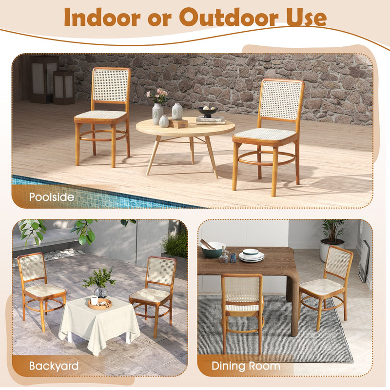 *Set of 2 Boho Dining Chairs Rattan with Teak Wood Structure and Footrests