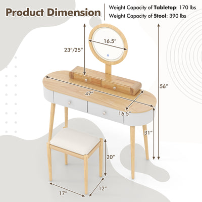 Makeup Vanity Table Set with LED Mirror and 3 Spacious Drawers-White-Natural Wood