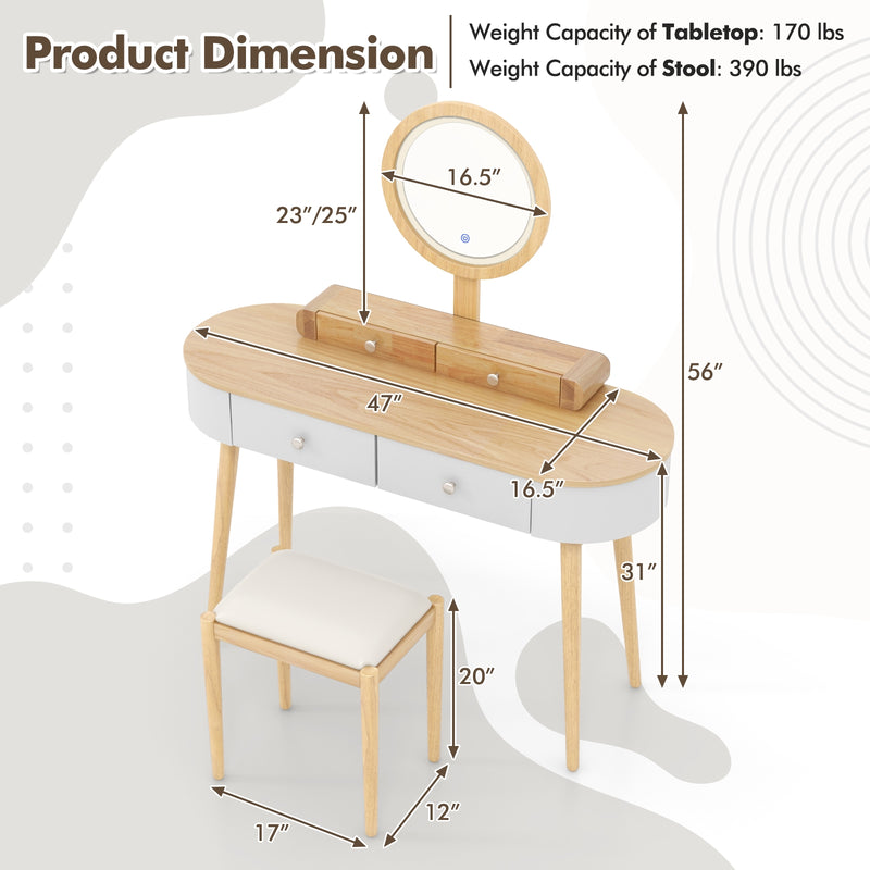 Makeup Vanity Table Set with LED Mirror and 3 Spacious Drawers-White-Natural Wood