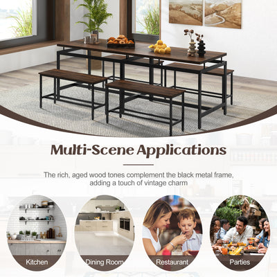 3 Pieces Dining Table Set with Wooden Kitchen Table and 2 Benches-Brown