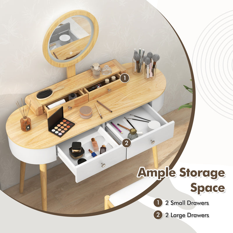 Makeup Vanity Table Set with LED Mirror and 3 Spacious Drawers-White-Natural Wood