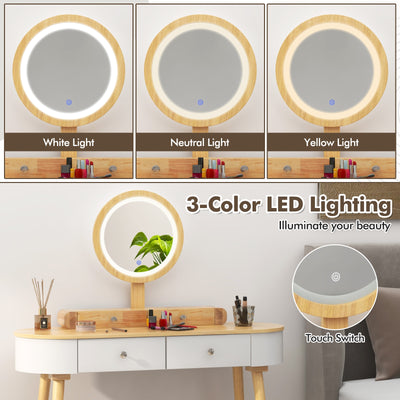 Makeup Vanity Table Set with LED Mirror and 3 Spacious Drawers-White-Natural Wood
