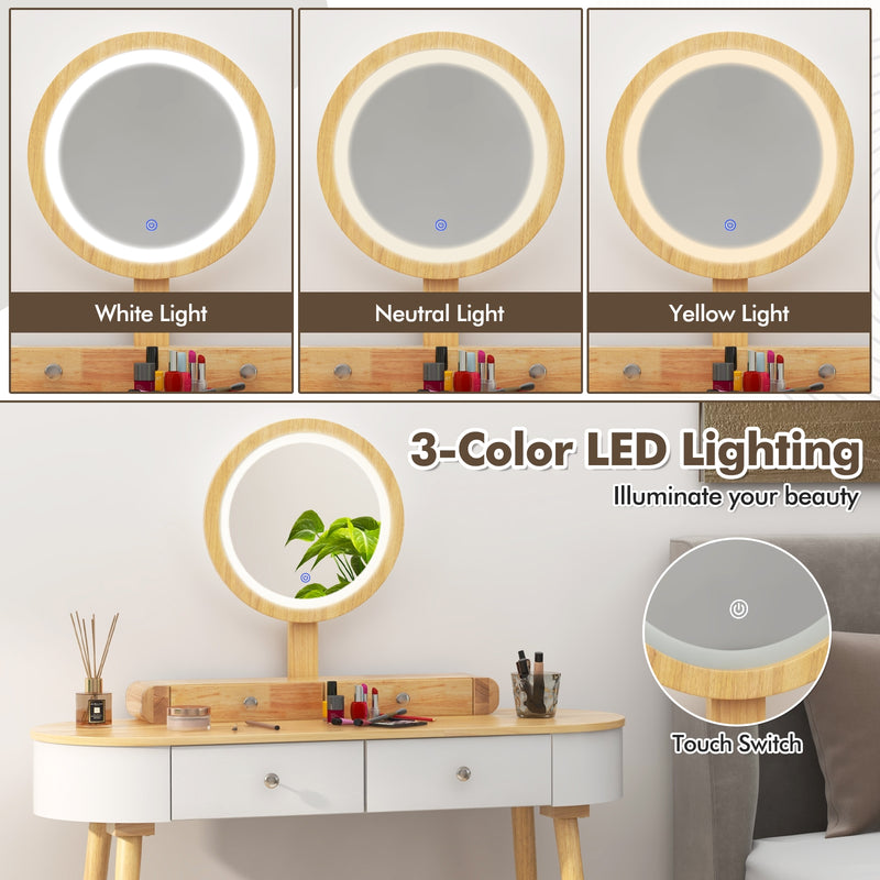 Makeup Vanity Table Set with LED Mirror and 3 Spacious Drawers-White-Natural Wood