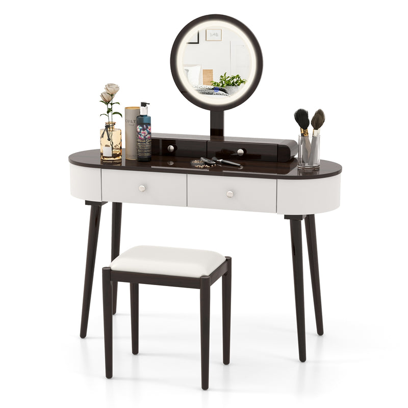 Makeup Vanity Table Set with LED Mirror and 3 Spacious Drawers-White-Brown