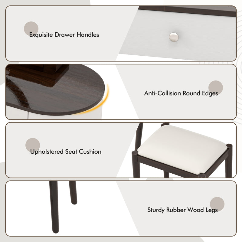 Makeup Vanity Table Set with LED Mirror and 3 Spacious Drawers-White-Brown