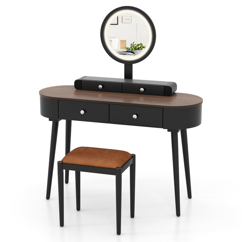 Makeup Vanity Table Set with LED Mirror and 3 Spacious Drawers-Black-Brown