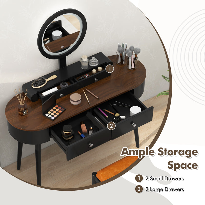 Makeup Vanity Table Set with LED Mirror and 3 Spacious Drawers-Black-Brown