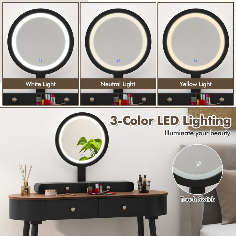 Makeup Vanity Table Set with LED Mirror and 3 Spacious Drawers-Black-Brown