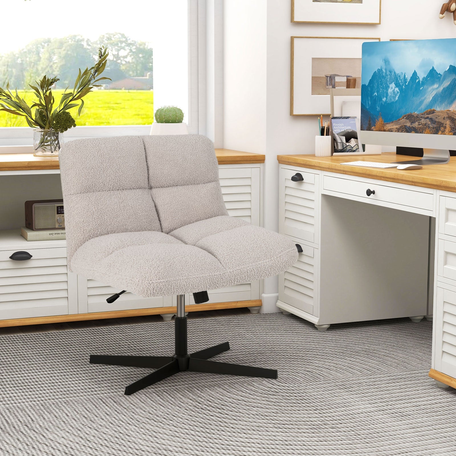 Office Armless Chair Cross Legged with Imitation Lamb Fleece and Adjus