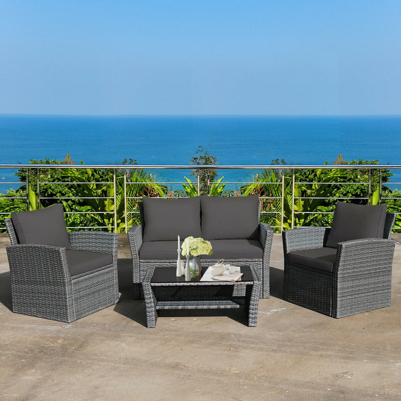 *4 Pieces Patio Rattan Furniture Set Sofa Table with Storage Shelf Cushion - Gray