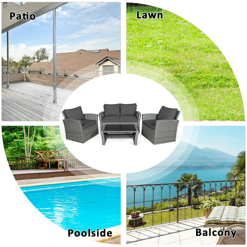 *4 Pieces Patio Rattan Furniture Set Sofa Table with Storage Shelf Cushion - Gray