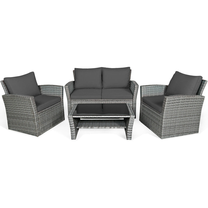 *4 Pieces Patio Rattan Furniture Set Sofa Table with Storage Shelf Cushion - Gray