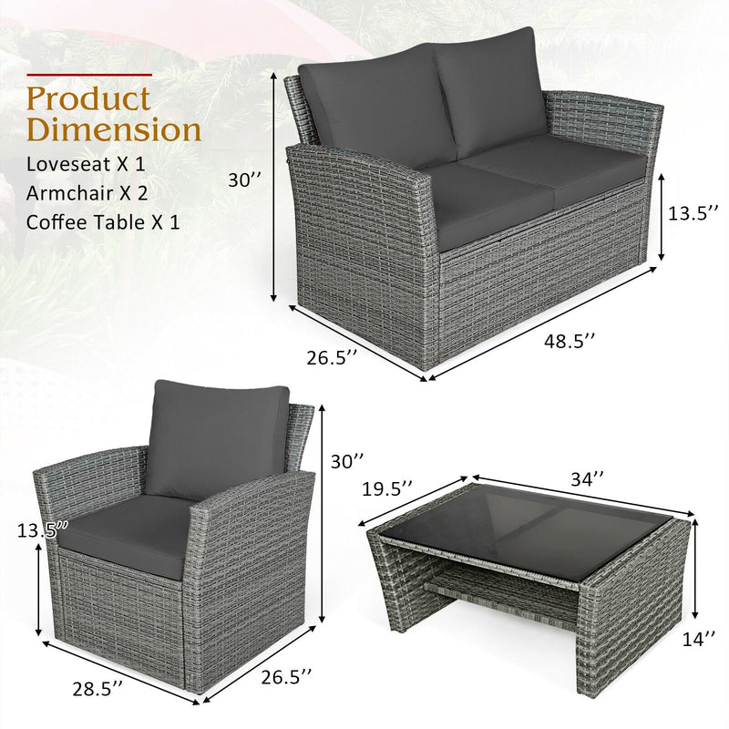 *4 Pieces Patio Rattan Furniture Set Sofa Table with Storage Shelf Cushion - Gray