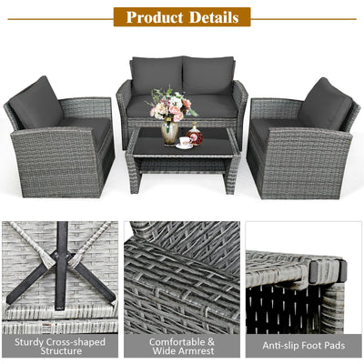 *4 Pieces Patio Rattan Furniture Set Sofa Table with Storage Shelf Cushion - Gray