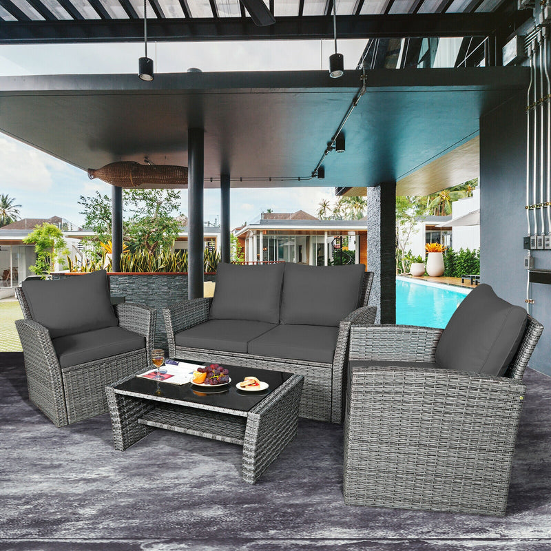 *4 Pieces Patio Rattan Furniture Set Sofa Table with Storage Shelf Cushion - Gray