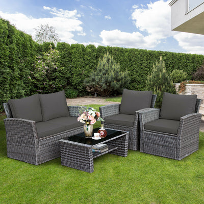 *4 Pieces Patio Rattan Furniture Set Sofa Table with Storage Shelf Cushion - Gray